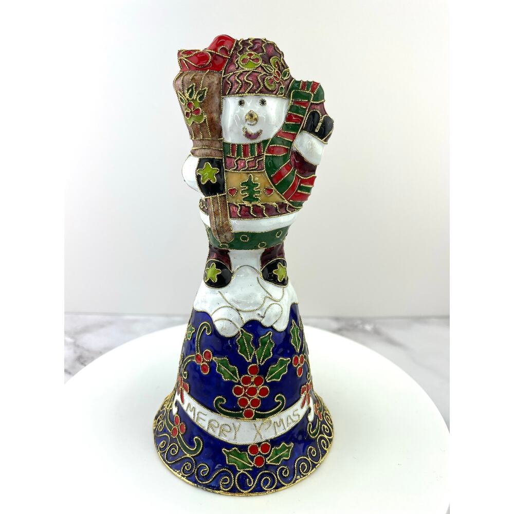 Vtg Enamel Cloisonné Bell Merry Xmas Snowman Large Gold Tone Holiday Decoration